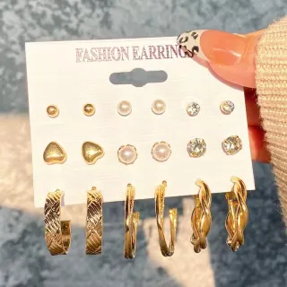 Crystal Pearl Golden Hoop Earrings Set (9 pairs)